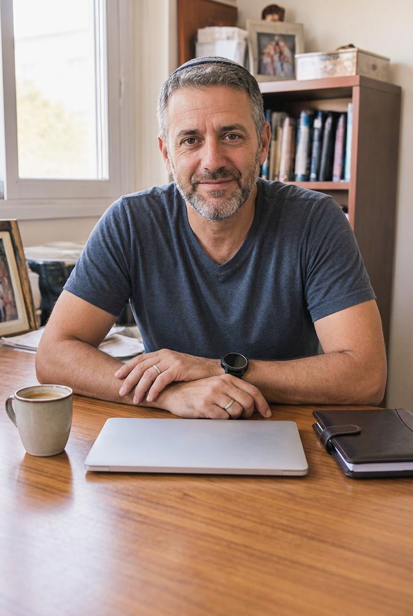 Le même homme, apaisé, devant un bureau parfaitement rangé